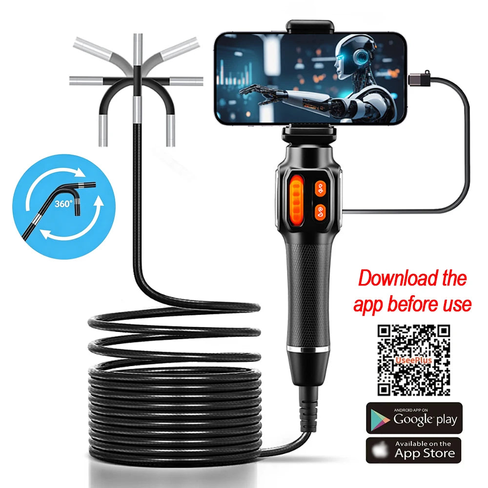 360 Degree Rotation Endoscope Camera 6mm Lens HD Articulated Inspection Borescope Camera IP67 for Automotive Car IOS Android