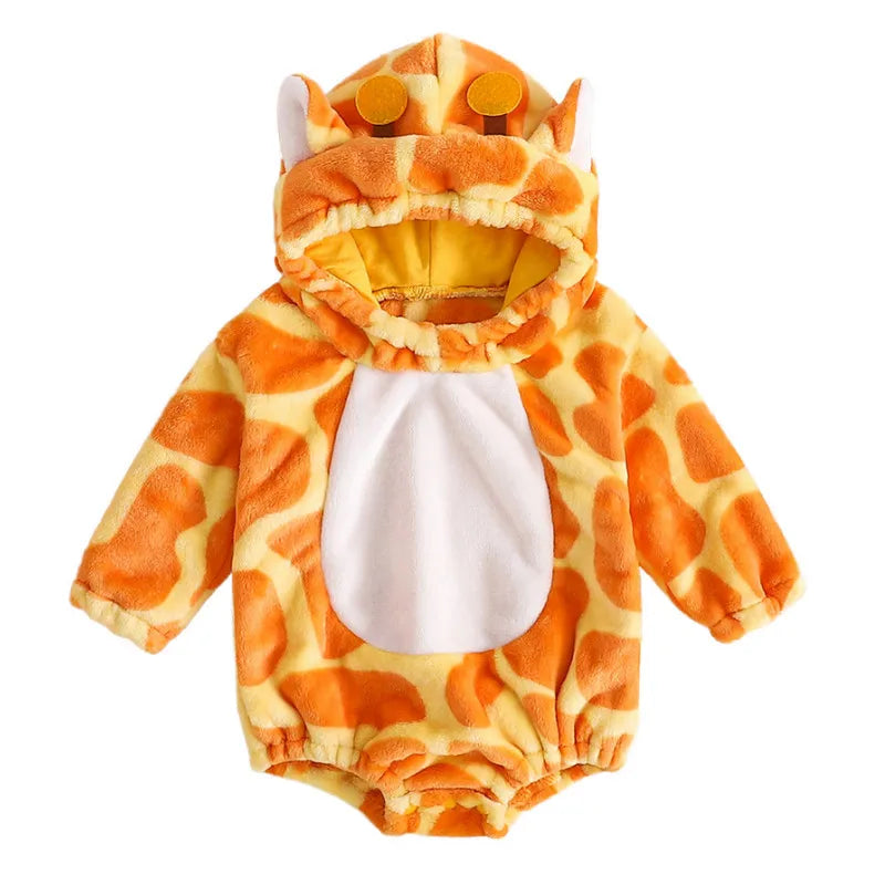 1 to 24 Months Baby Boys Girls Cartoon Bodysuit Animal Costume Flannel Role Play Hooded Long Sleeve Pajamas Jumpsuits