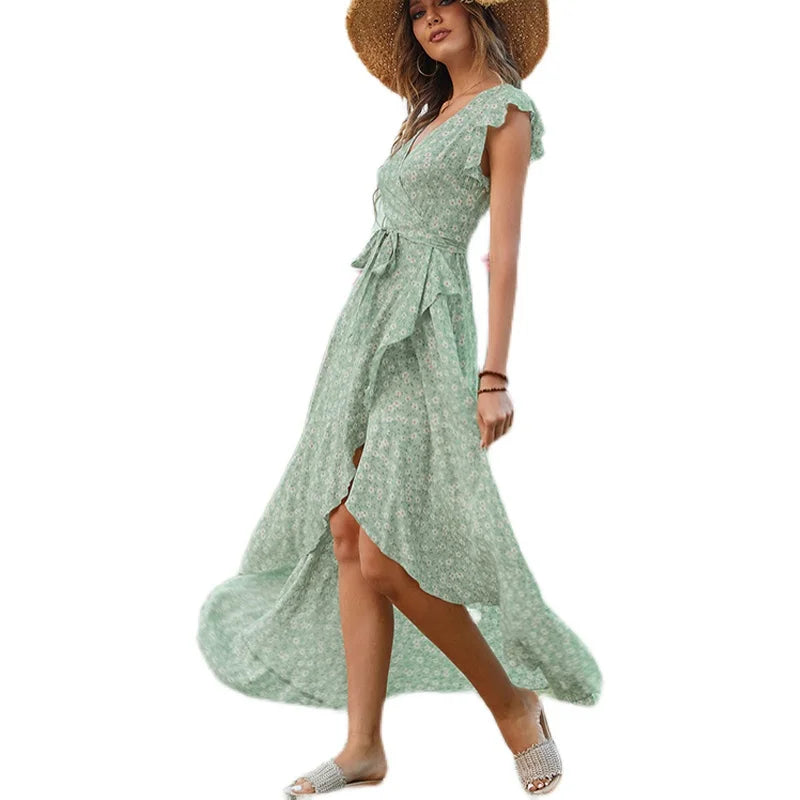Bohemian Vacation Style Floral Print Wrap Dress with Belt High Waist Short Sleeve Long Skirt for Women in Their Late Twenties
