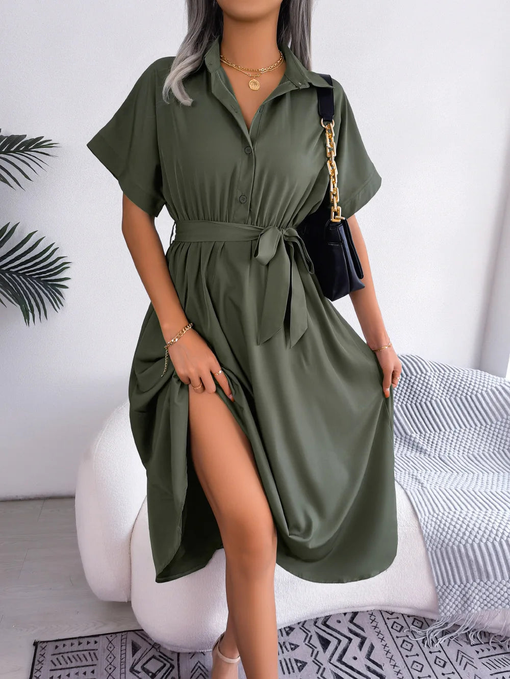 2026 Summer Turn-down Collar Solod Color Women Shirt Dress Fashion New Short Sleeve Loose Casual Elegant Lace-up Long Dresses