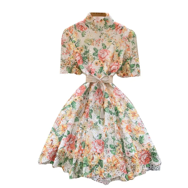 2025 New Dresses Women French Strap Waist High Neck Bubble Sleeve Hollow Hook Flower Lace A-line Short Vestidos