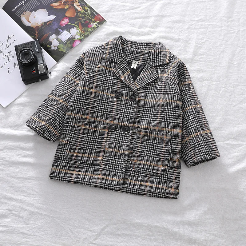 Autumn Winter Boys Fashion Jacket Solid Color Lapel Double-Breasted Long Woollen Overcoat For 2-6 Years Boys Handsome Outwear