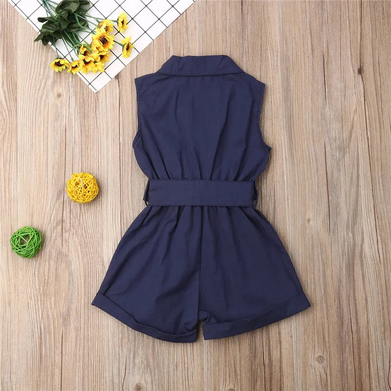 1-6years Baby Girl Sleeveless Romper Solid Navy Blue Beige Green Button Shorts With Belt Jumpsuit For Infant Girl Casual Overall