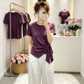 Pure Cotton Short Sleeve T-Shirt Women's Summer plus Size Slim Fit Irregular Belt Design Korean Style round Neck Top