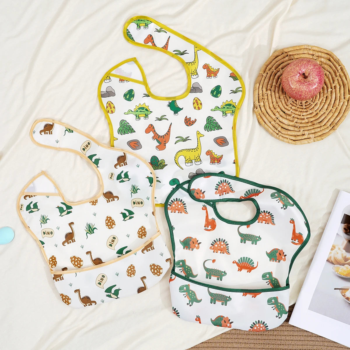 3 Pack Mess Proof Baby Bib with Reversible Pocket, Waterproof Led Weaning Baby Feeding Bibs with Food Catcher