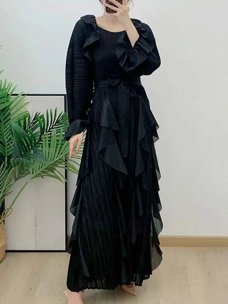 LANMREM Fashion Ruffles Pleated Dress Women Round Neck Flare Sleeves Solid Maxi Belt Dresses Party 2025 Spring New 2AA1502