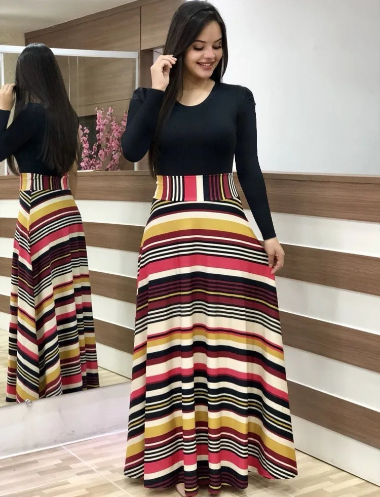 Autumn hot selling European and American flower color matching dresses, long dresses, women's clothing in stock