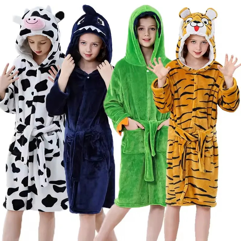 Kigurumi Dinosaur Bathrobes for Children 3 5 7 9 11 13 Years Kids Animal Flannel Homewear Boy Hooded Sleepwear Girls Nightgown