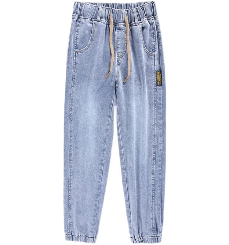 Harajuku Style Women's Jeans Elastic Waist High Waist Cotton Stretch Denim Light Color Pear Shape Body Loose Fit Long Pants