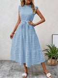 Fashion Women's Vintage Solid Ruffles Flying Sleeves Fresh And Sweet Midi Dress Summer Casual Lace Up Texture Womens Long Dress