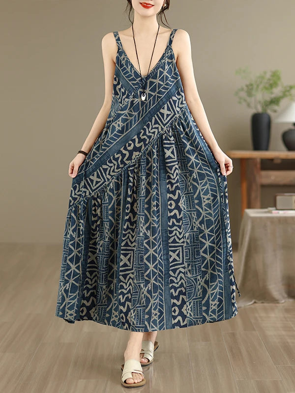 Soft Skin-Friendly Thin Cotton Linen Print V-Neck Waist-Cinched Strap Dress Large Size Summer Long Skirt Women's Dress