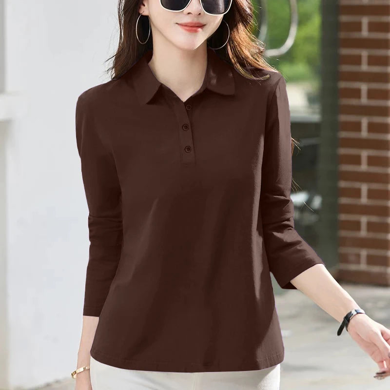 Women's  irt Long Sve T-irt Pure Cotton Loose Fit Autumn New Sle Versatile Turn-down Collar Base Top