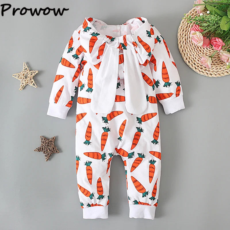 Prowow Baby Easter Costume Girls Boys Long Sleeve Carrot Printed Rompers+Rabbit Hat Bodysuit For Newborns Baby Easter Outfits