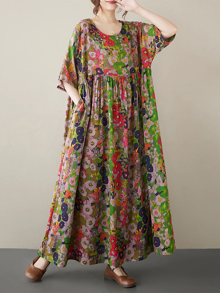 Cotton Short Sleeve Purple Print Vintage Long Dresses For Women 2026 Summer Casual Loose Dress Femme Vestidos Elegant Clothing