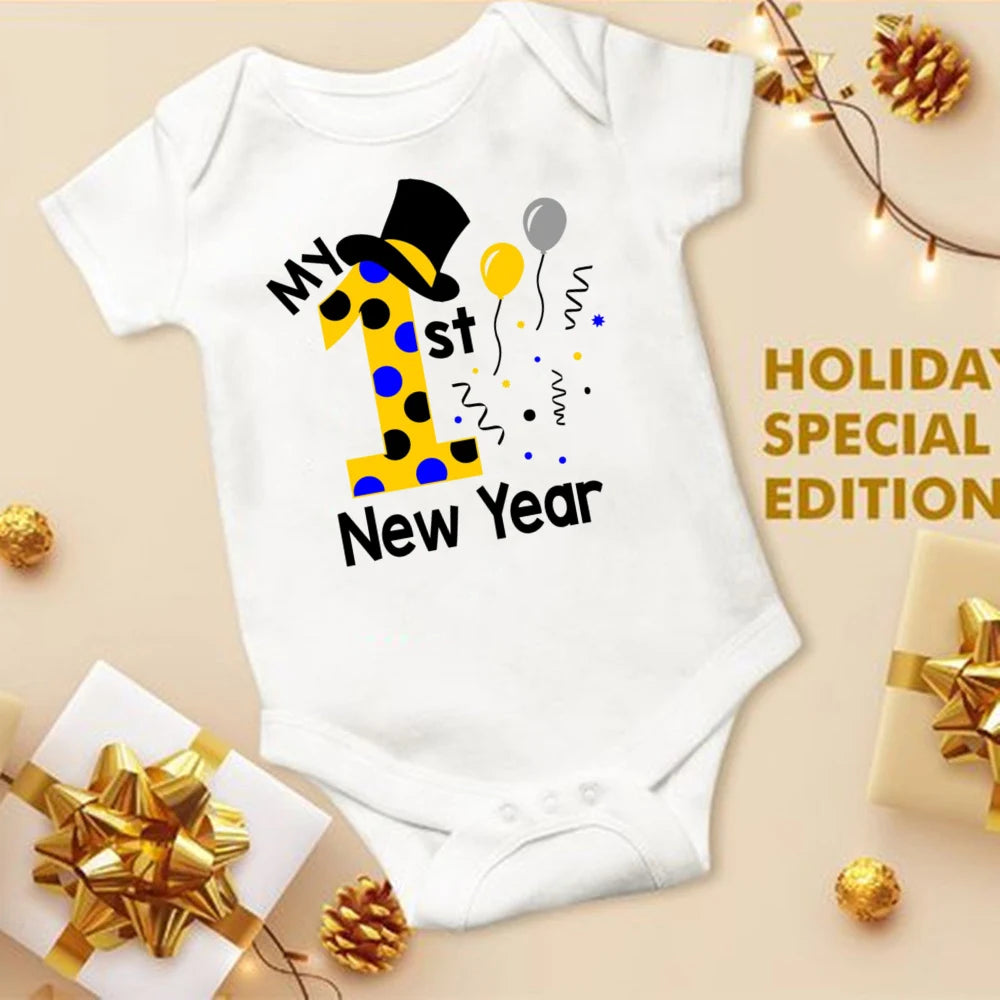 My First New Year Printed Baby Romper New Year Infant Romper Short Sleeve Jumpsuit Toddler Holiday Clothes Newborn Shower Gifts