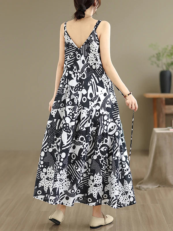 Soft Skin-Friendly Thin Cotton Linen Print V-Neck Waist-Cinched Strap Dress Large Size Summer Long Skirt Women's Dress