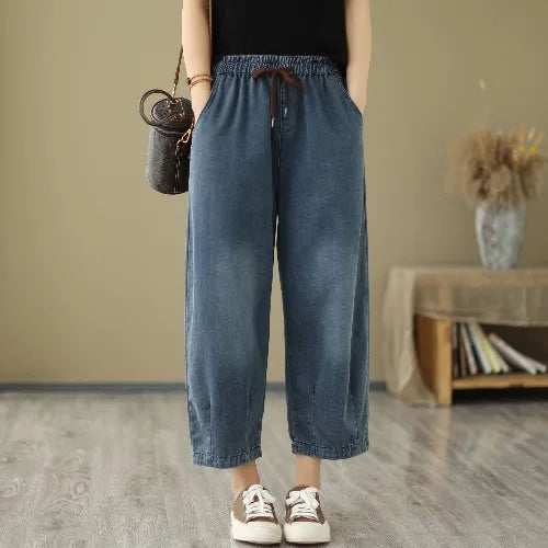 High Waist Straight Leg Jeans Women's Loose Casual Nine-Tenths Harlan Pants Elastic Waist Vintage Style Summer Thin Jeans