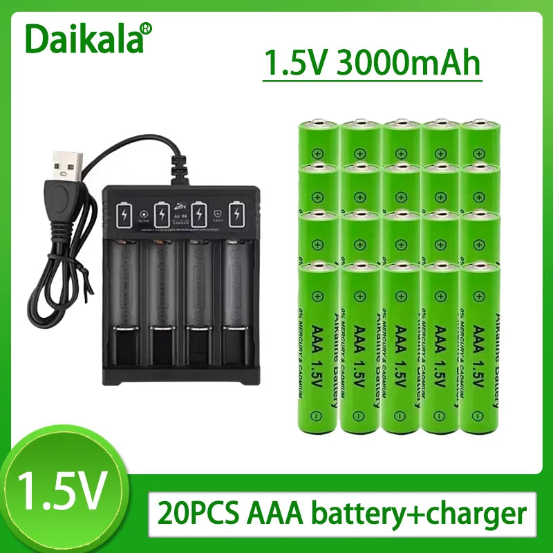 100% New AAA Battery 3000 MAh Rechargeable Battery AAA 1.5 V 3000 MAh Rechargeable New Alcalinas Drummey + Charger