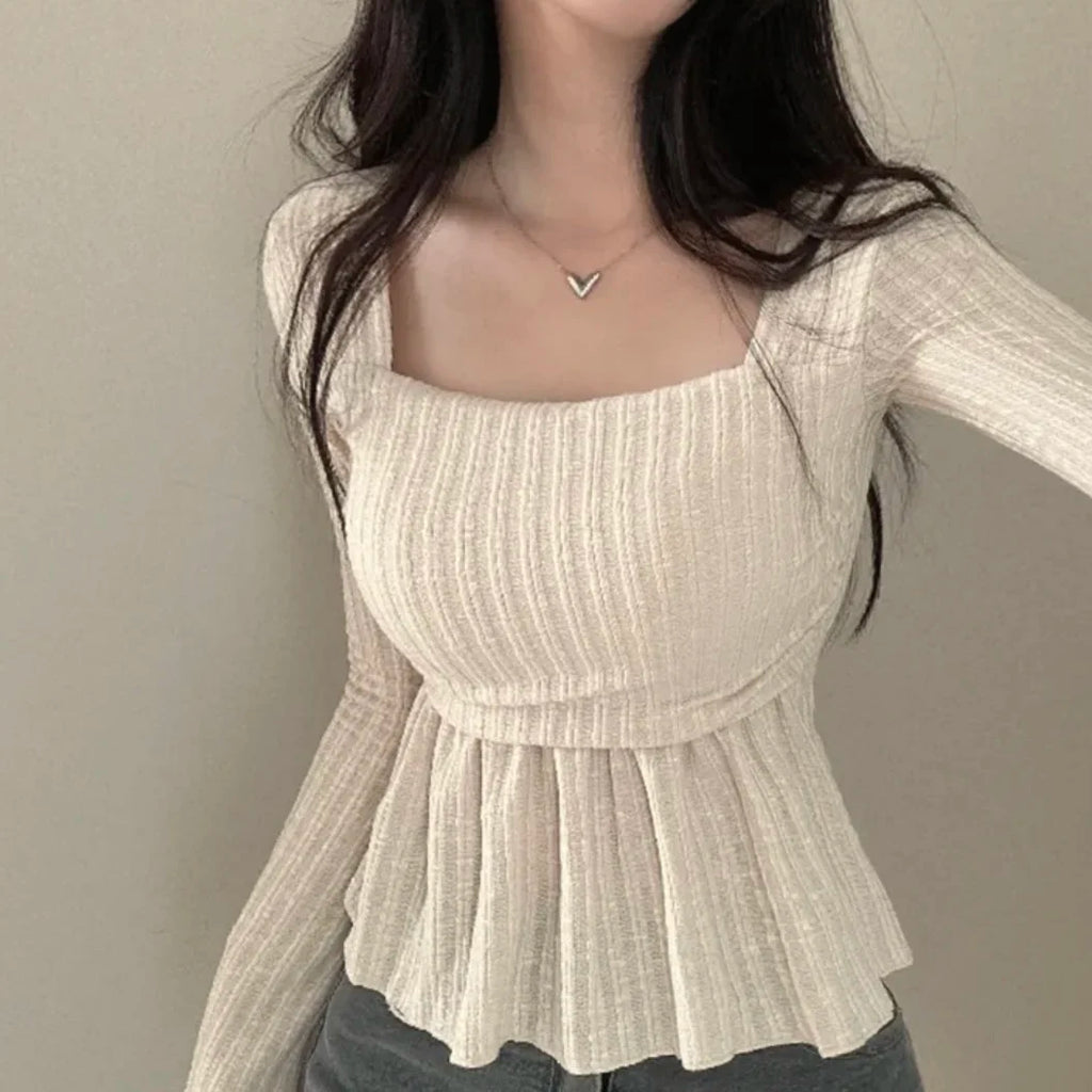 Chic Autumn Pure Desire Style Square Collar Pleated Slim Fit Bell Sleeve Knitted Top Women's Business Casual Fashion