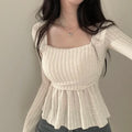 Chic Autumn Pure Desire Style Square Collar Pleated Slim Fit Bell Sleeve Knitted Top Women's Business Casual Fashion