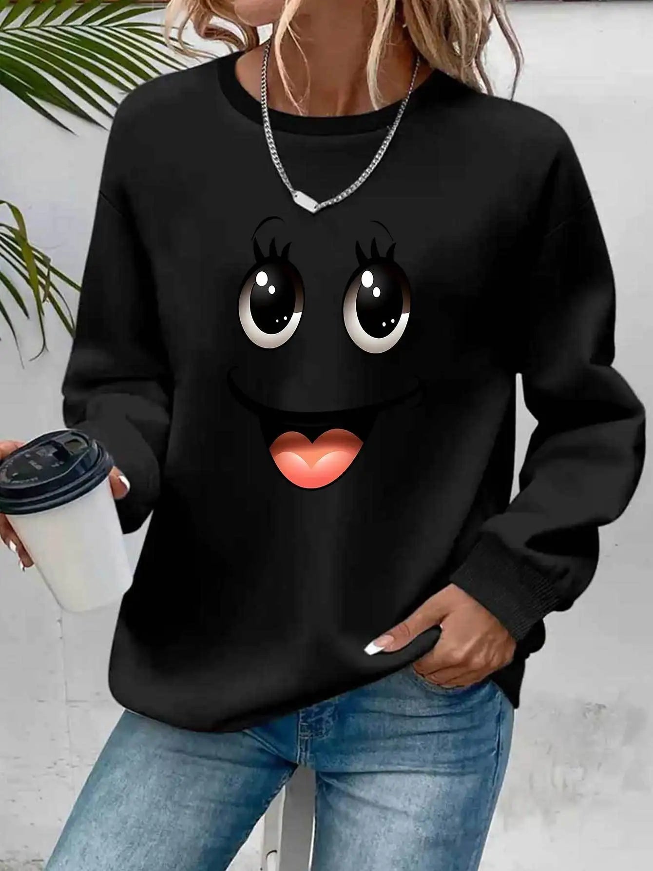 Women's autumn and winter casual, fashionable, loose, comfortable, warm, Paris pattern printed round neck long sleeved pullover