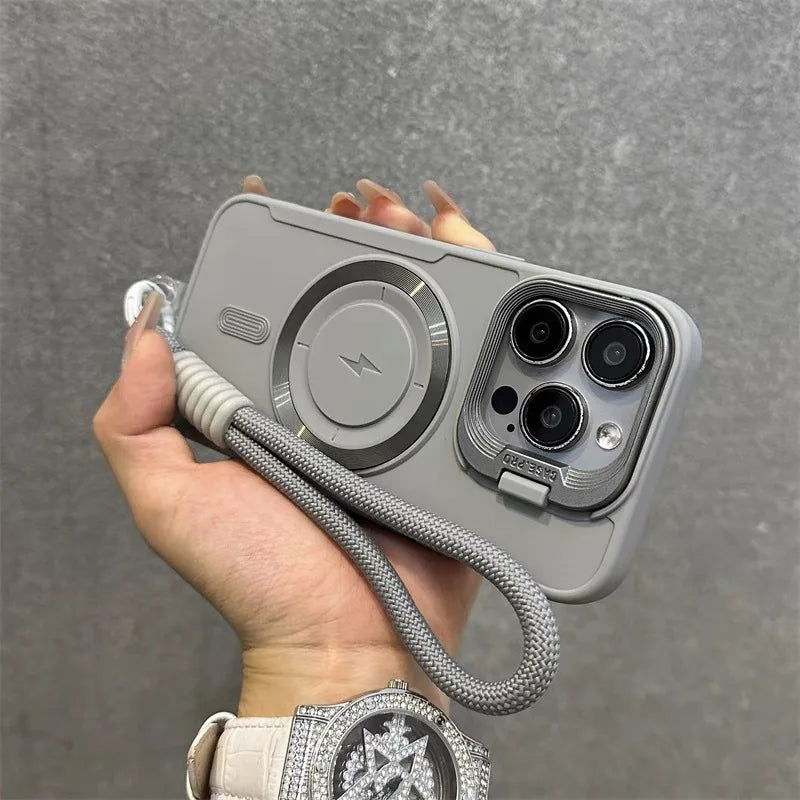 Luxury Flip Up Lens Holder Magnetic Case for iPhone 16 15 14 13 12 11 Pro Max 17 Plus Fashion Nylon Wristband Lanyard Soft Cover