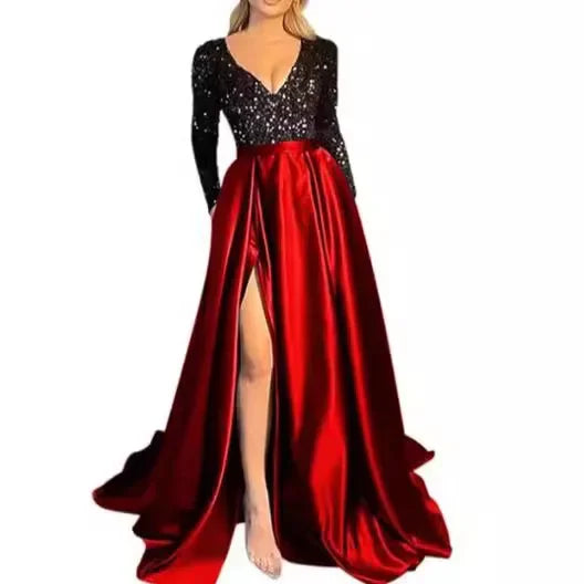Cross-Border New Single Shoulder Long Sleeve Bead V-Neck Maxi Dress Evening Gown Slit Long Skirt Wide Hem Sparkling Split Dress