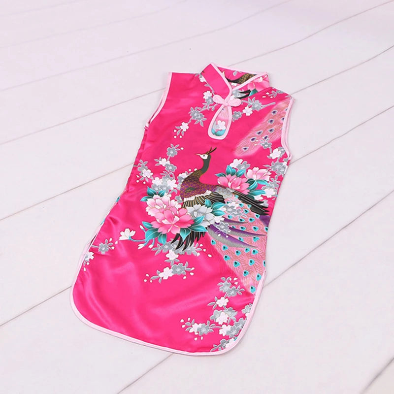 Cheongsam Dress Baby Girl Qipao Summer Clothes Peacock Sleeveless Slim Traditional Dress Child Girls Clothes Chinese Style