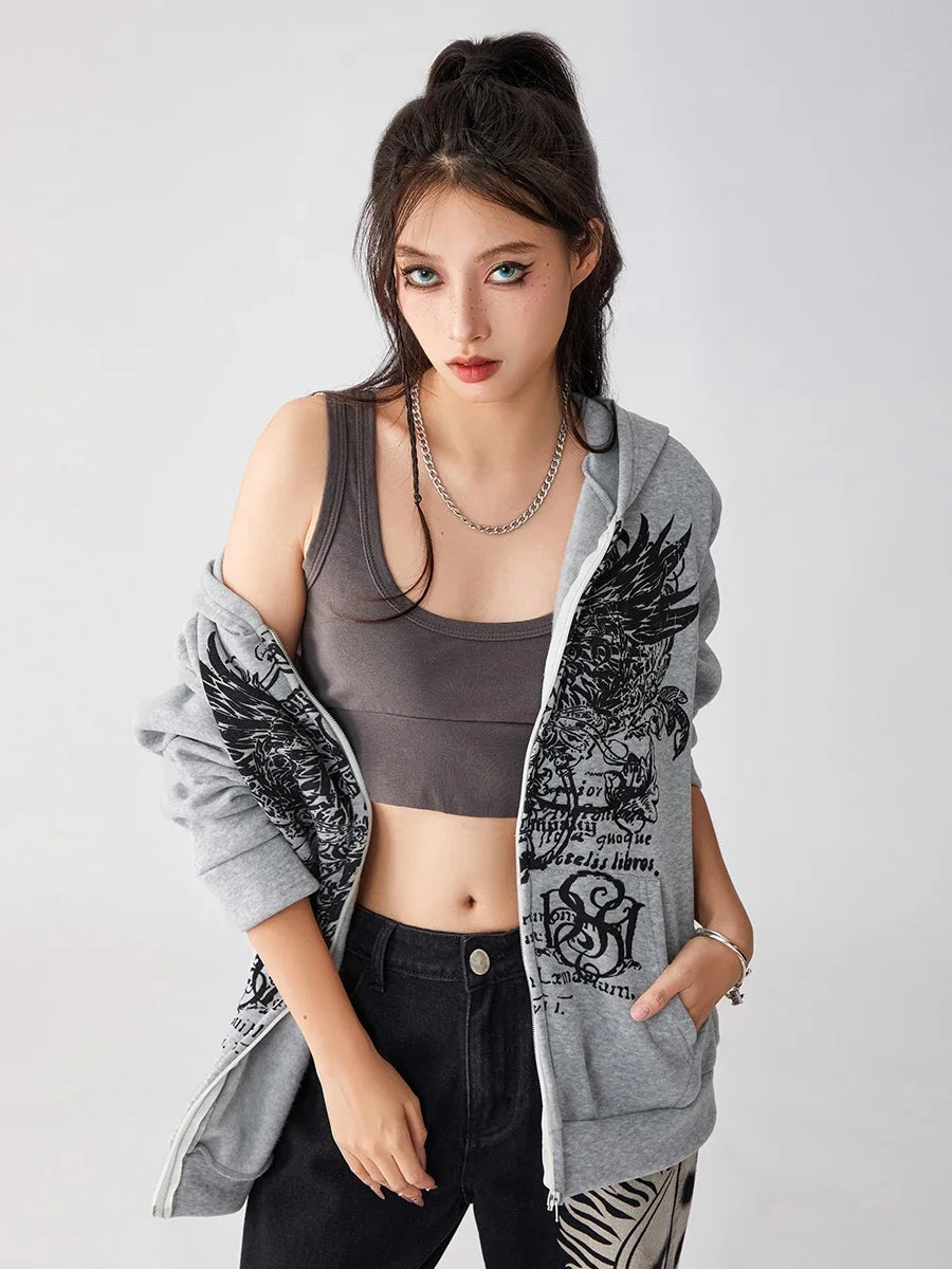 Halloween Women Oversized Full Zip Hoodies Fashion Vintage Wings Print Long Sleeve Oversized Sweatshirts Jackets with Pockets