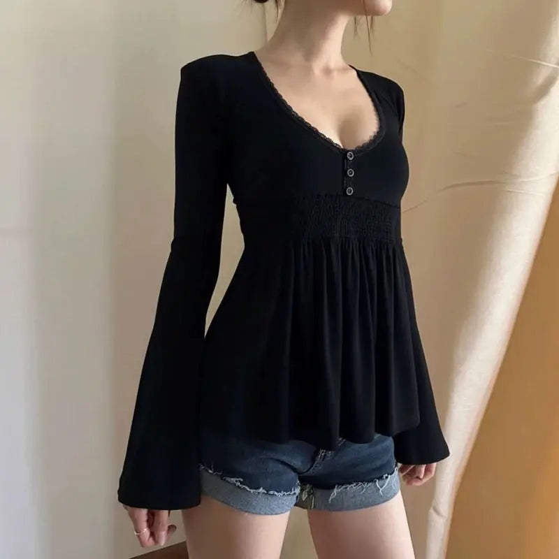 Japanese Y2K Fashion Top Long Sleeve Lace Trim Square Neck Blouse Women Casual American Retro 2000s Chic Tee Summer Streetwear