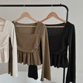 Chic Design Knitted Sweater Women's Square Collar Waist Cinched Flared Sleeve Inner Wear Short Top Commute Style