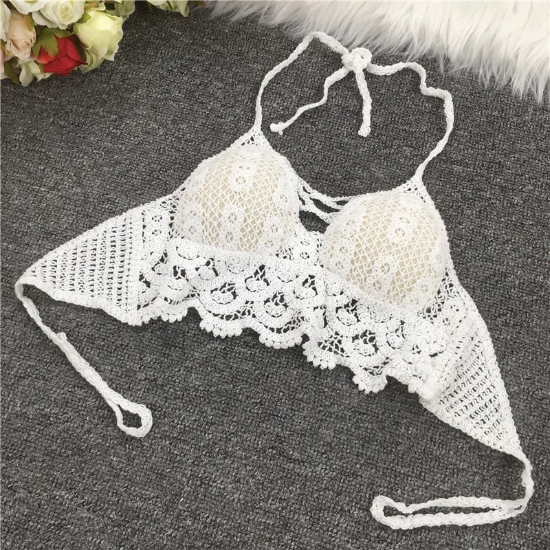 Crop Tops Retro Wild Hollow Perspective Tassel Sexy Spaghetti Strap Tanke Top Women Built In Bra 2021 New Back Lace Halter Neck