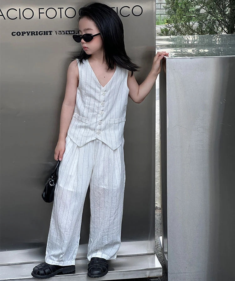 Kids White Vest Set Boys Girls Floral Decor V-Neck Waistcoat Shorts Pants Toddler Summer Formal Party Gentleman Casual Outfit
