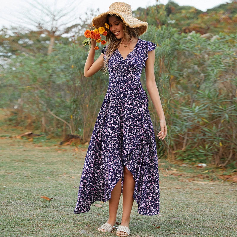 Bohemian Vacation Style Asymmetrical Short Sleeve Floral Cotton Silk Dress Waist Cinched  Wrap Long Skirt Summer