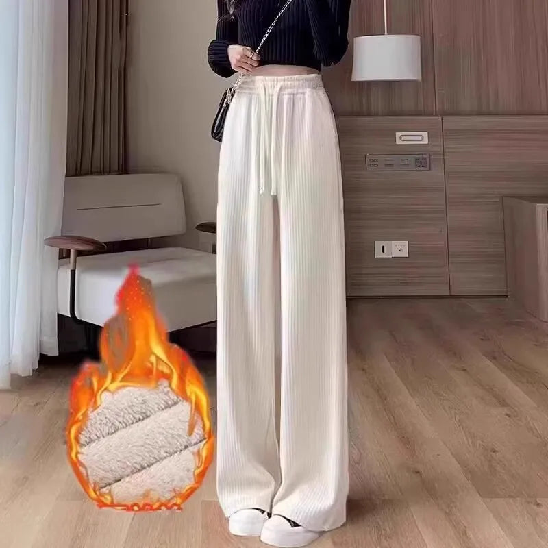 Thickened Fleece Wide Leg Pants Women's Casual Straight Cut Velvet Slimming Versatile Autumn Winter Fashion High Waist Trousers