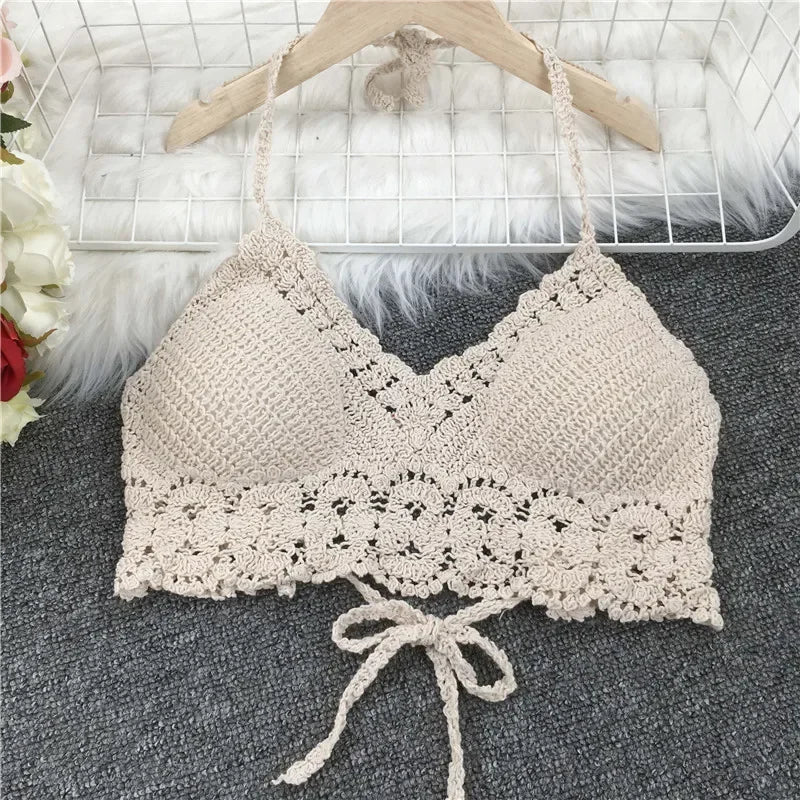 Crop Tops Retro Wild Hollow Perspective Tassel Sexy Spaghetti Strap Tanke Top Women Built In Bra 2021 New Back Lace Halter Neck