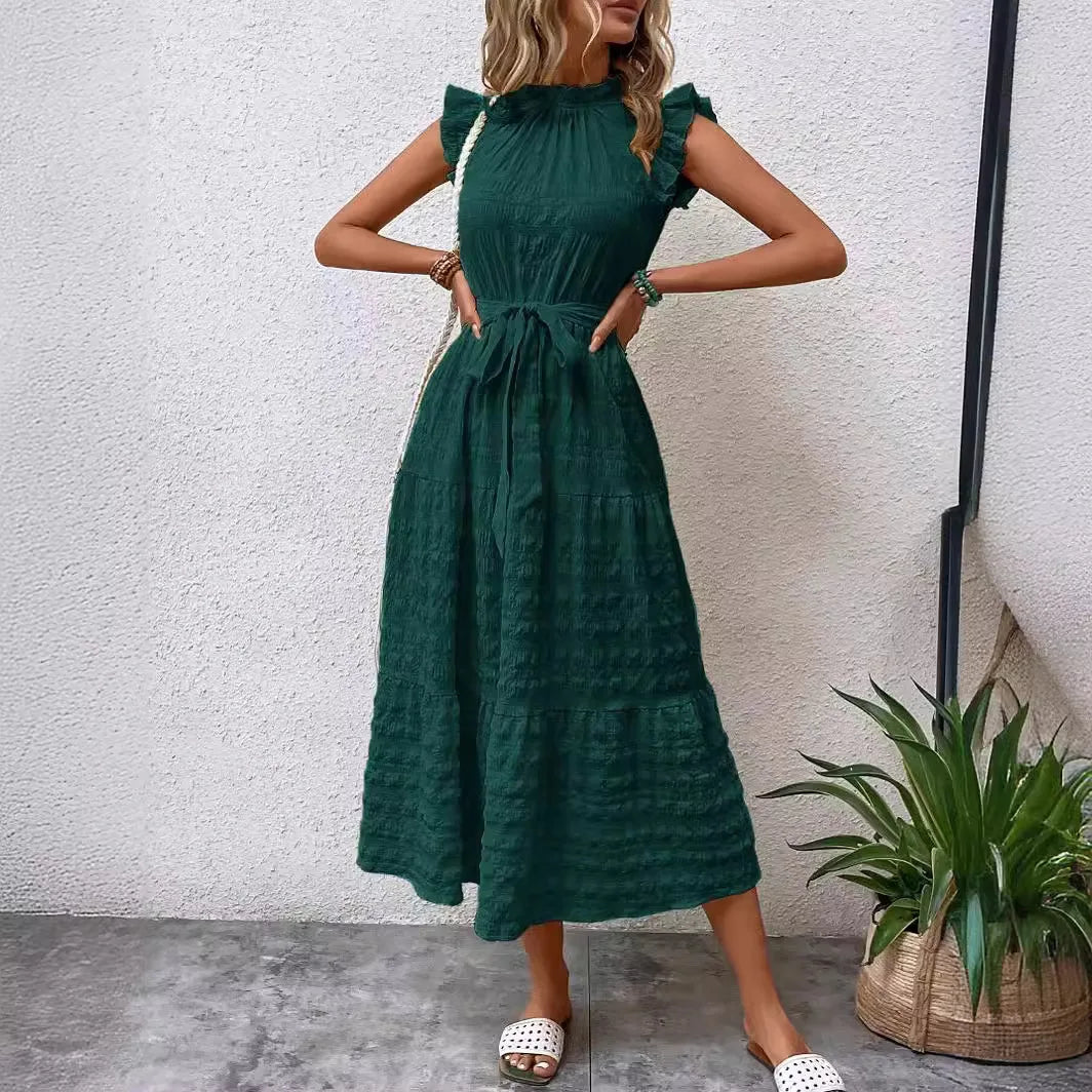 Fashion Women's Vintage Solid Ruffles Flying Sleeves Fresh And Sweet Midi Dress Summer Casual Lace Up Texture Womens Long Dress