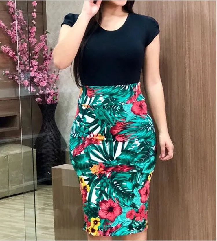 Summer Floral Color Blo Women's Dr Bodycon Maxi Skirt round Ne Single Piece Large Size Wi Hot S Cross-Border