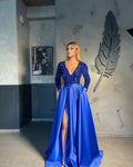 Cross-Border New Single Shoulder Long Sleeve Bead V-Neck Maxi Dress Evening Gown Slit Long Skirt Wide Hem Sparkling Split Dress