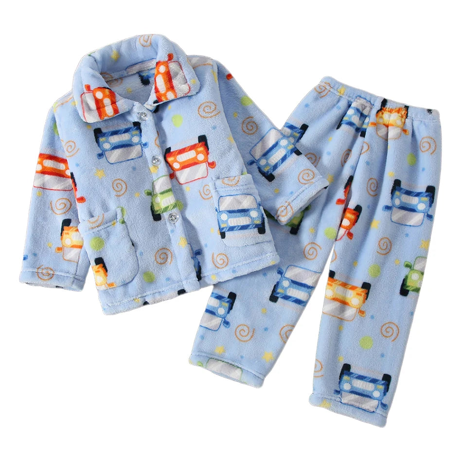 Winter Kids Pajama Set Coral Fleece Sleepwear with Cute Cartoon Clothing Ultra Warm Comfortable Long Sleeve Pajamas for Boy Girl