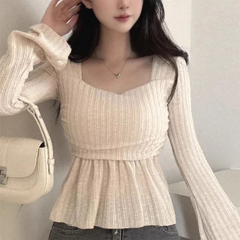 Chic Autumn Pure Desire Style Square Collar Pleated Slim Fit Bell Sleeve Knitted Top Women's Business Casual Fashion
