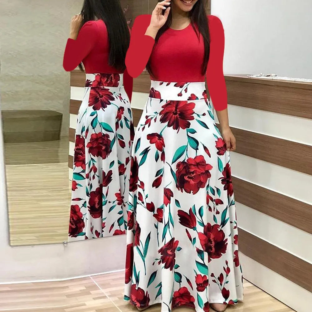 Wish Best Selling Floral Print Color Block Long Sleeve Dress Women's Maxi Dress round Neck Other Material 100% Summer 2020