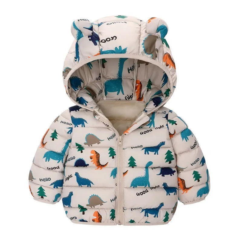 Cartoon Dinosaur Print Boys Baby Lightweight Down Jackets Warm Hooded Outerwear Winter Autumn Kids Girls Coats Casual Clothing