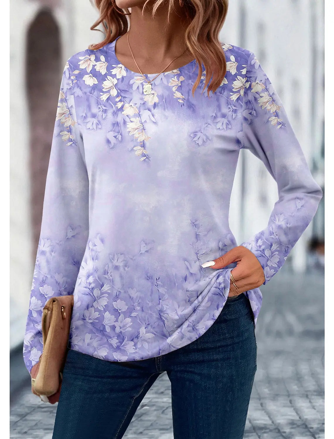 2024 Women's T shirt 3D Print Floral Leaf Design Long Sleeve Daily Weekend Fashion Round Neck Regular Fit Spring & Summer