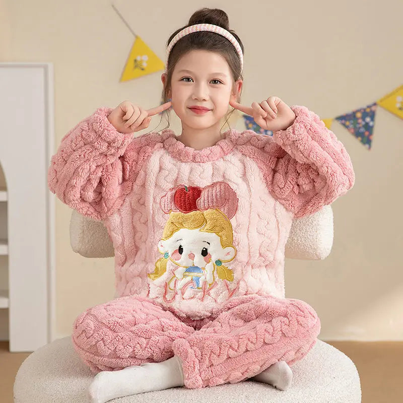 Flannel Pajamas For Boy Flannel Warm Pyjamas Kids Thicken Cartoon Teens Sleepwear Cute Big Boys Girls Night Clothes 10 12 14 16Y