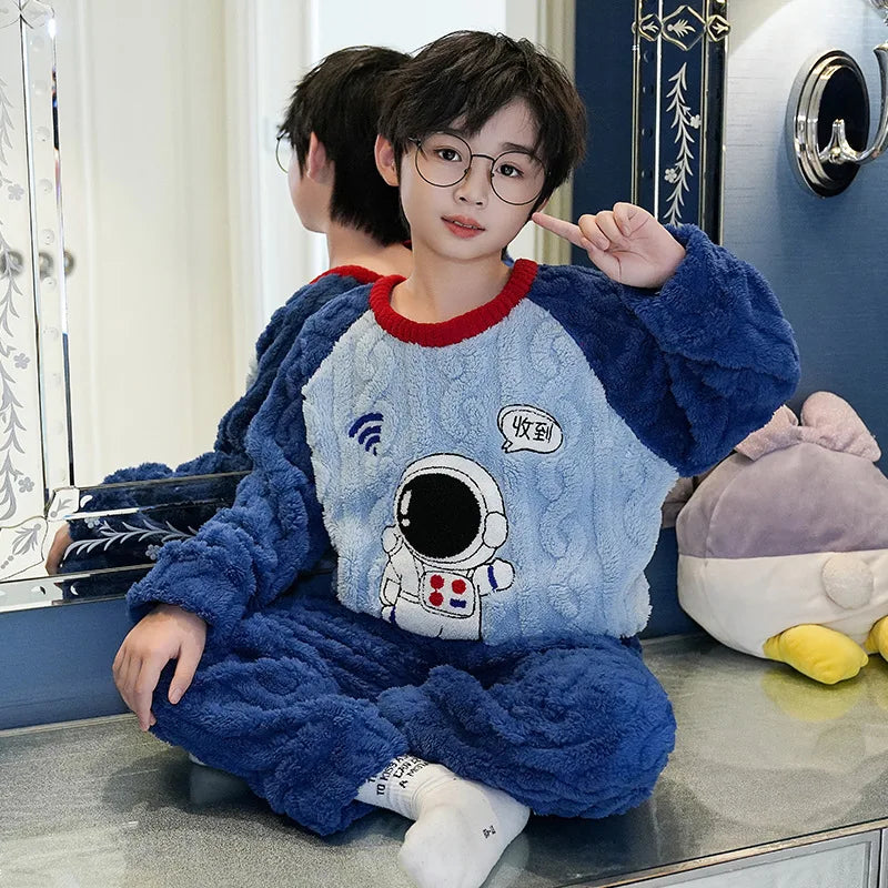 Flannel Pajamas For Boy Flannel Warm Pyjamas Kids Thicken Cartoon Teens Sleepwear Cute Big Boys Girls Night Clothes 10 12 14 16Y