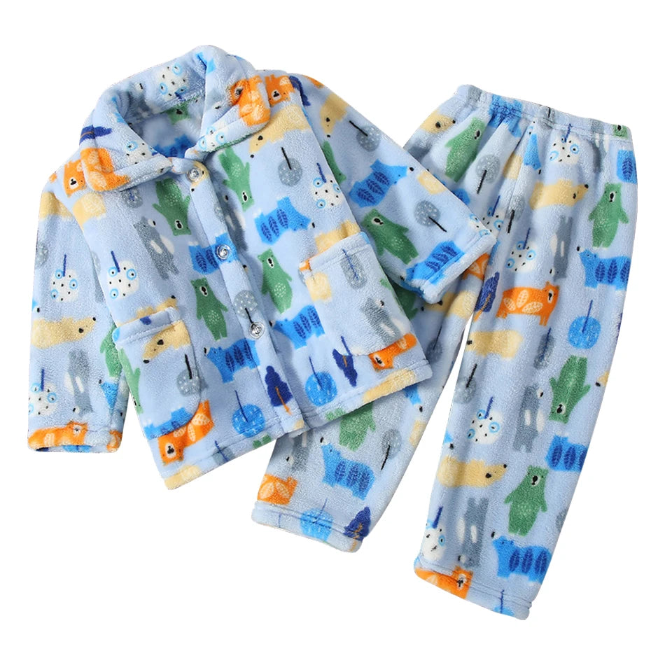 Winter Kids Pajama Set Coral Fleece Sleepwear with Cute Cartoon Clothing Ultra Warm Comfortable Long Sleeve Pajamas for Boy Girl