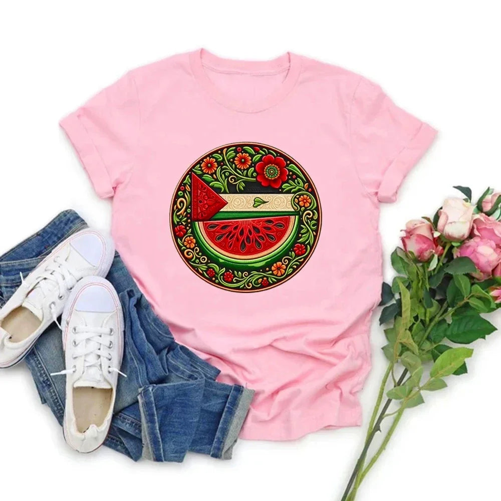 Watermelon Symbol Freedom Shirt Watermelon Flag T-shirt Women Short Sleeve Tshirts Human Rights Tee Peace and Love T-shirts