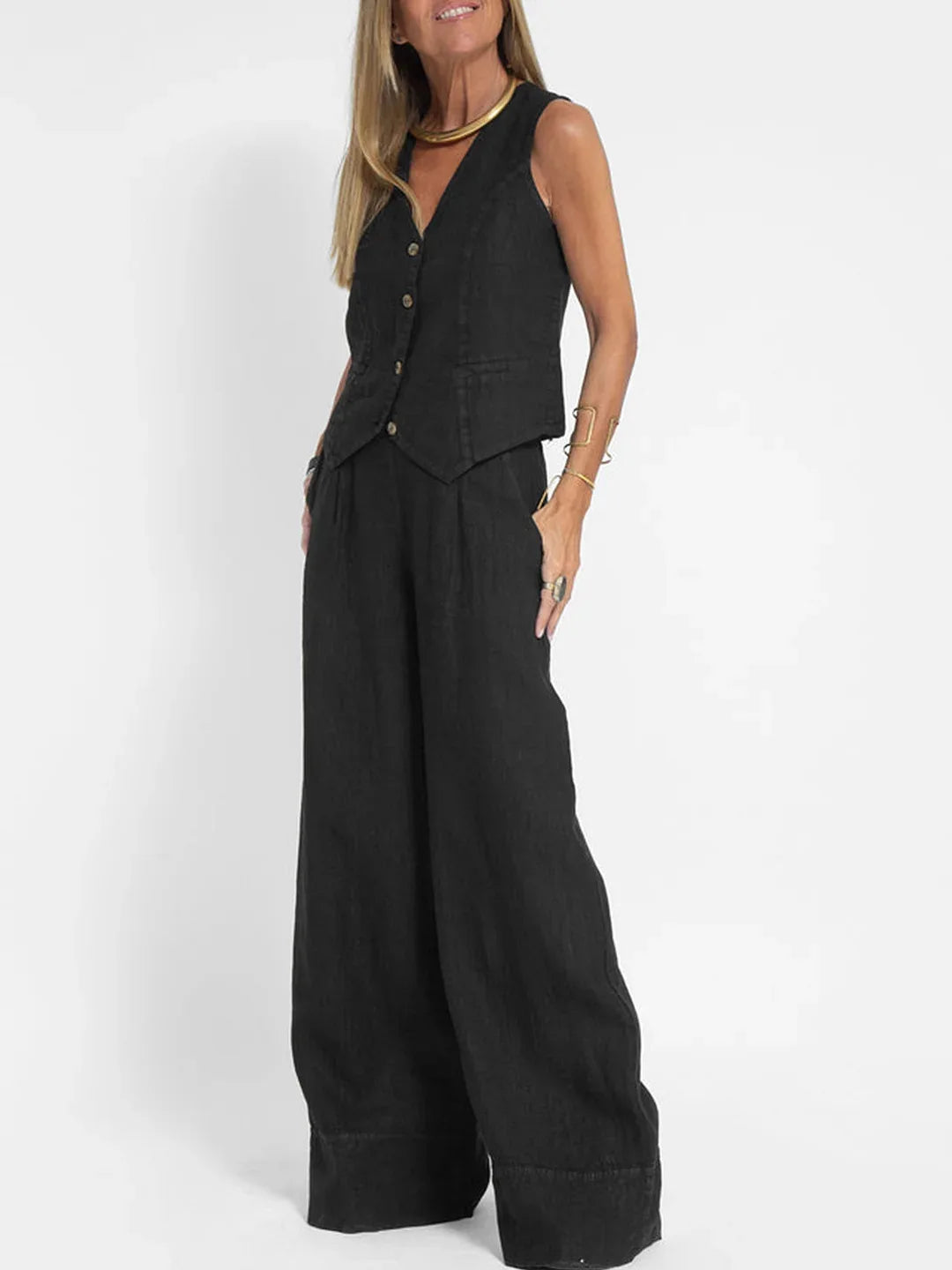 Fashionable Patchwork Cotton Linen Vest Wide Leg Pants Two Piece Set 2025 Spring Commute Style  Color Women's Suit