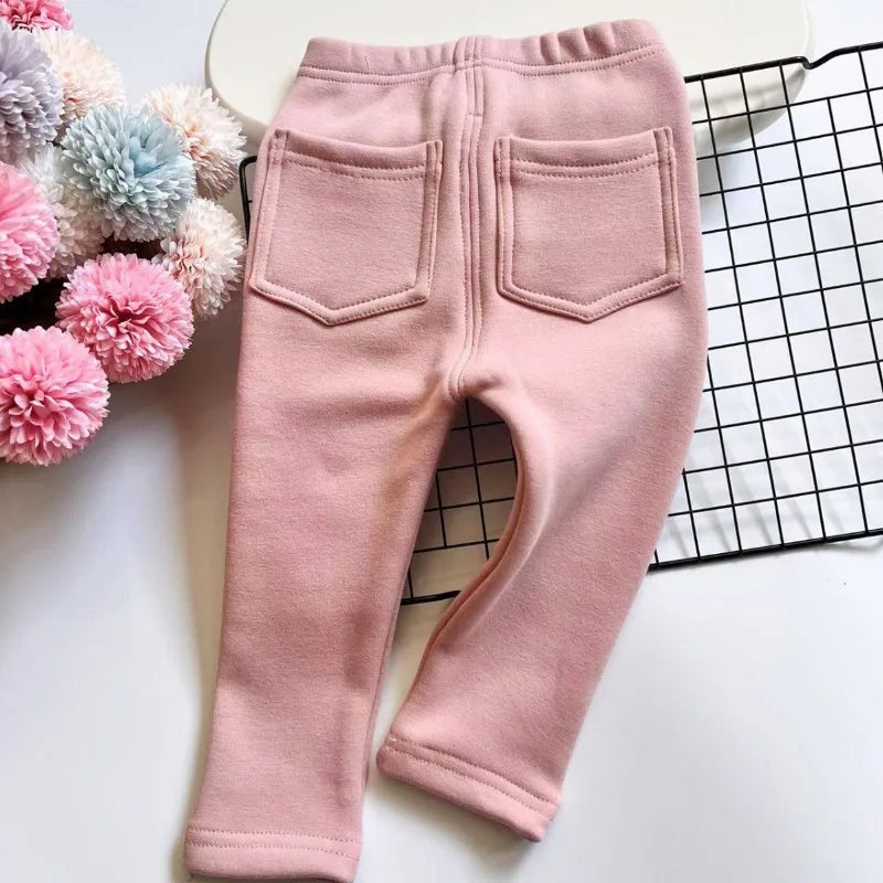 Autumn Winter Children's Jeans Boys and Girls' Solid color Thin Velvet Elastic Belt Jeans Infant Elastic Denim Pants1-6Y